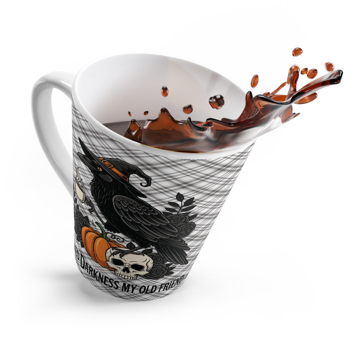Halloween Gothic Raven "Hello Darkness My Old Friend," Halloween Gift, Black Plaid Coffee Cup for Friends, Fall Decor, Spooky Vibes