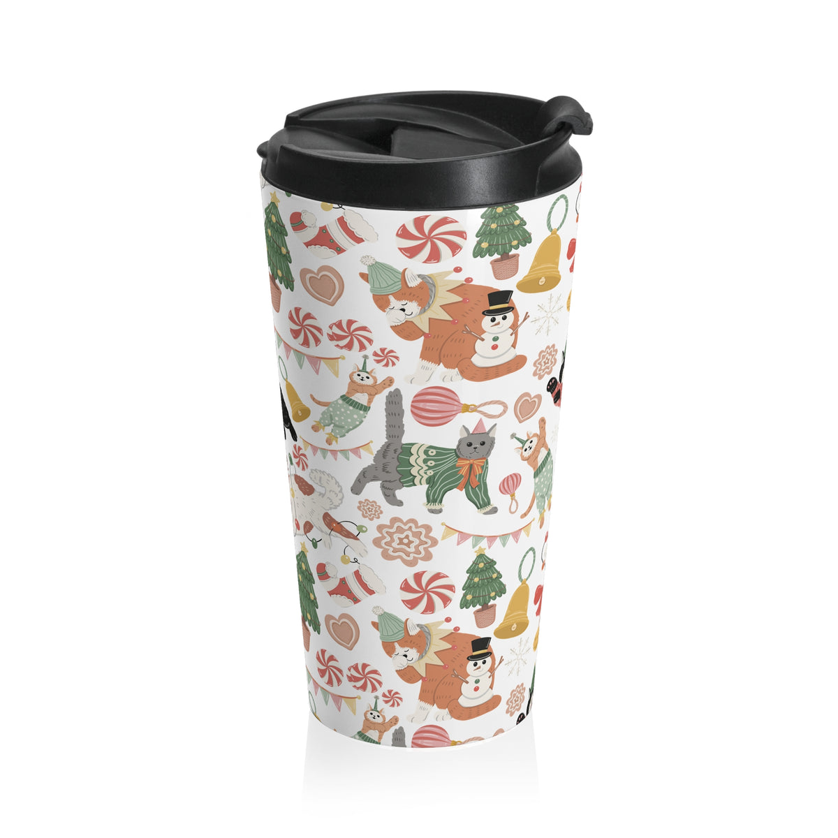 Christmas Cats Pajama Party Travel Mug | Winter Holiday Trees, Ornaments, Candy Cane