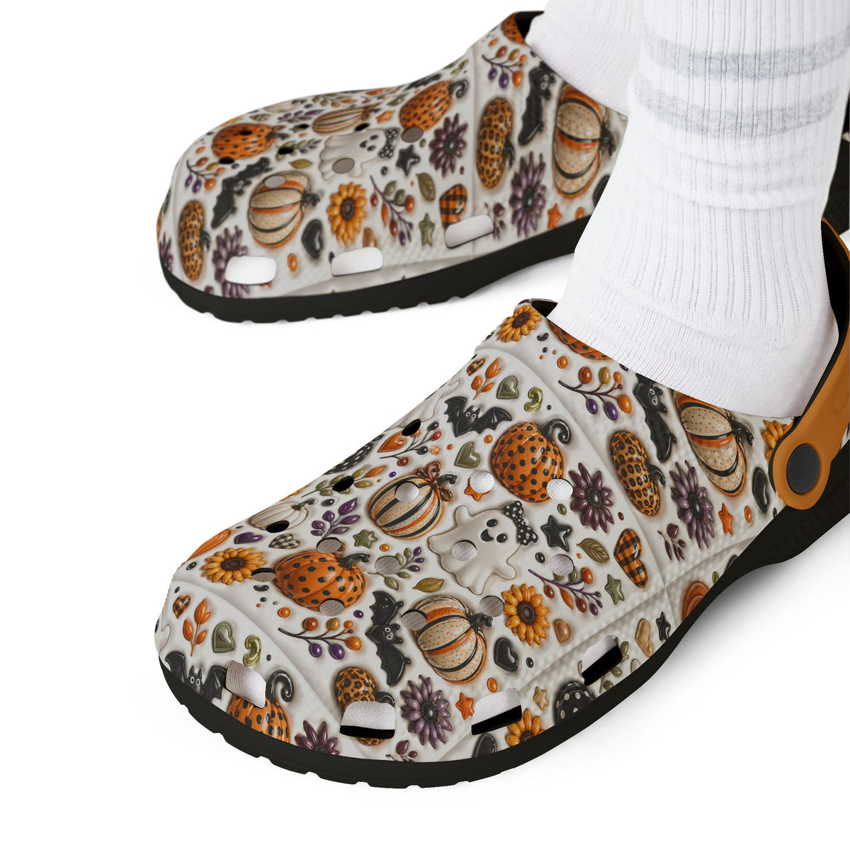 Autumn Pumpkin Pattern Clogs shoes | EVA foam slip-on clog with orange strap