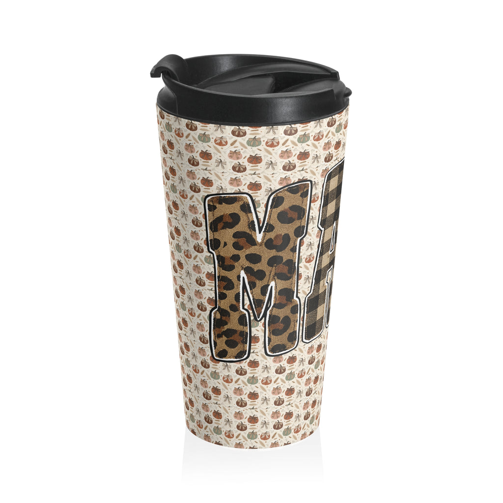MAMA Pumpkin Pattern Autumn Harvest Travel Mug, Patchwork Varsity Mama, Cozy Fall Drinkware, Thanksgiving Gift, Coffee Cup, Tumbler