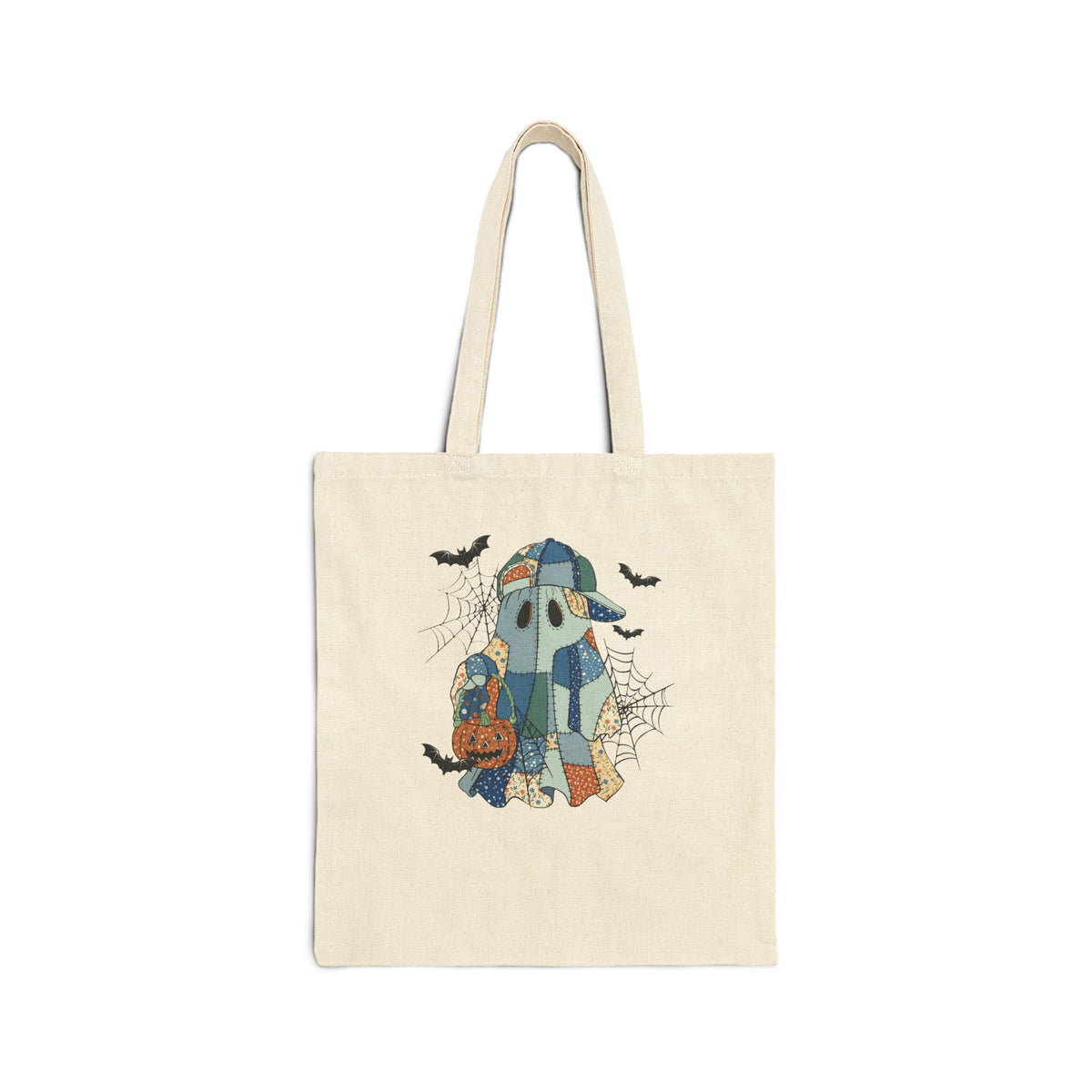 Spooky Cute Patchwork Ghost, Happy Halloween Bruh Tote Bag - Trick or Treat Bag, Eco-Friendly Cotton, Reusable Bag 15x16"
