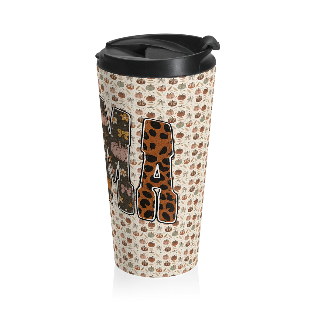 MAMA Pumpkin Pattern Autumn Harvest Travel Mug, Patchwork Varsity Mama, Cozy Fall Drinkware, Thanksgiving Gift, Coffee Cup, Tumbler