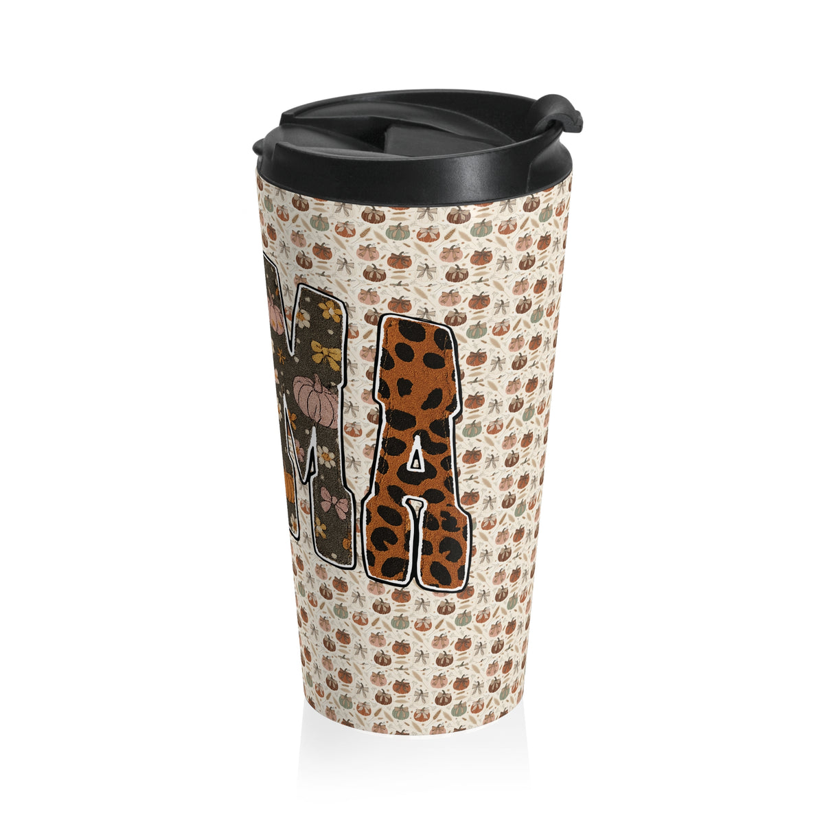 MAMA Pumpkin Pattern Autumn Harvest Travel Mug, Patchwork Varsity Mama, Cozy Fall Drinkware, Thanksgiving Gift, Coffee Cup, Tumbler