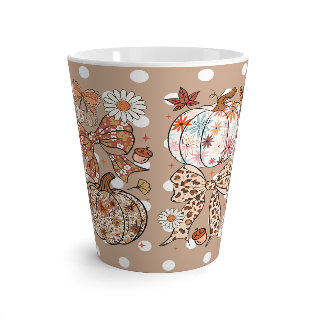 Flower Pumpkin and Dots Latte Mug for Coffee Lovers | Cute Coquette Bow Halloween & Fall Floral Design