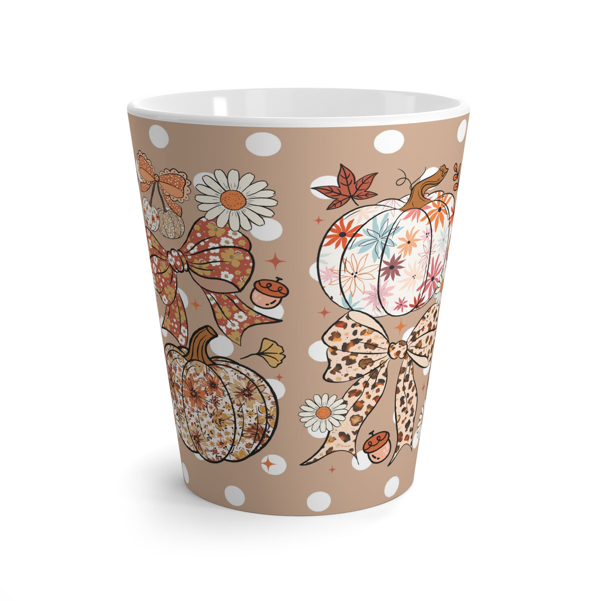 Flower Pumpkin and Dots Latte Mug for Coffee Lovers | Cute Coquette Bow Halloween & Fall Floral Design