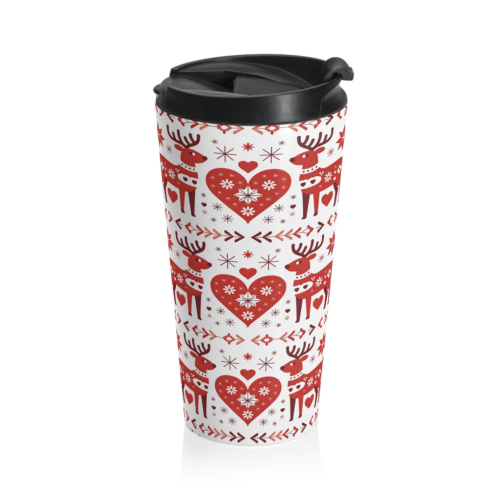 Red Scandinavian Reindeer Pattern Insulated Travel Mug | Nordic Christmas Mug