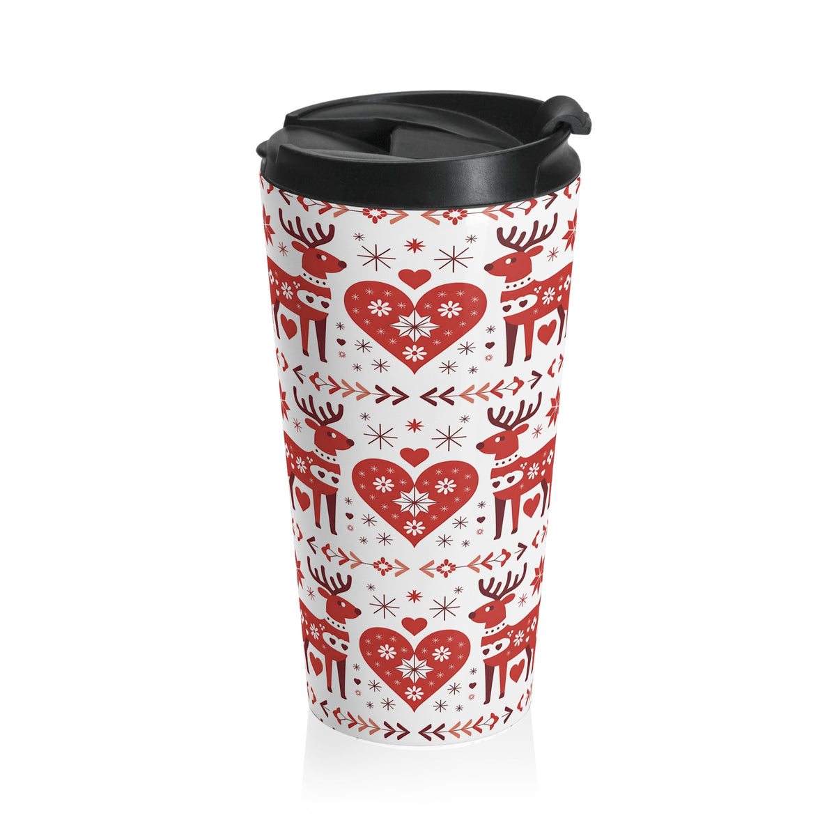 Red Scandinavian Reindeer Pattern Insulated Travel Mug | Nordic Christmas Mug
