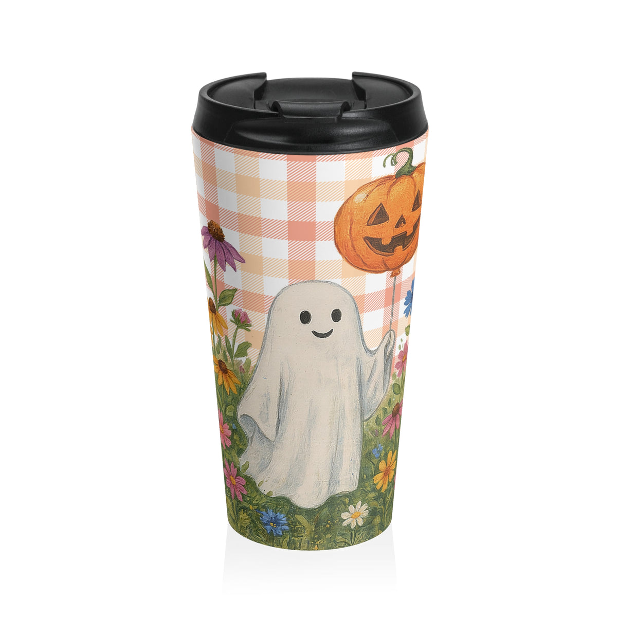 Cute Ghost Pumpkin Travel Mug | Autumn Plaid Floral Stainless Steel