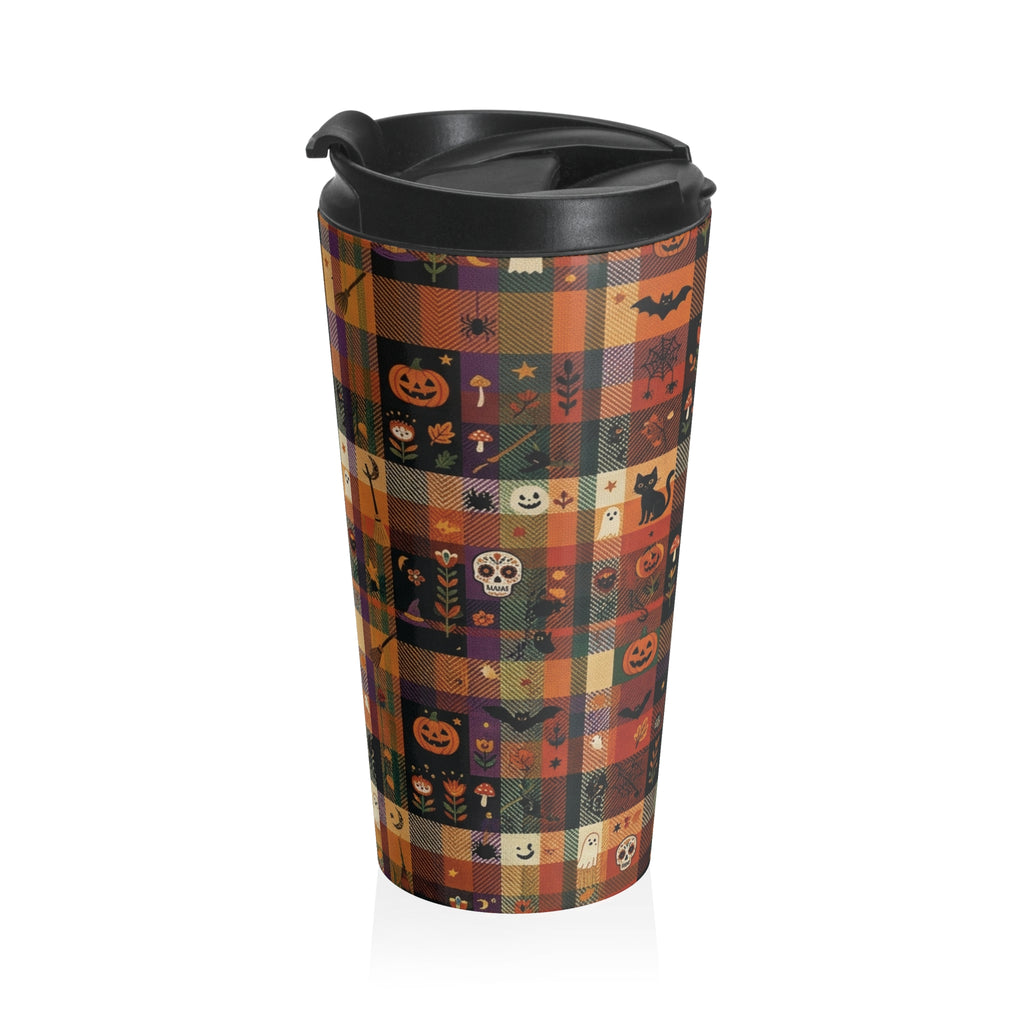 Halloween Plaid Travel Mug | Pumpkins, Cats, Bats & Skulls