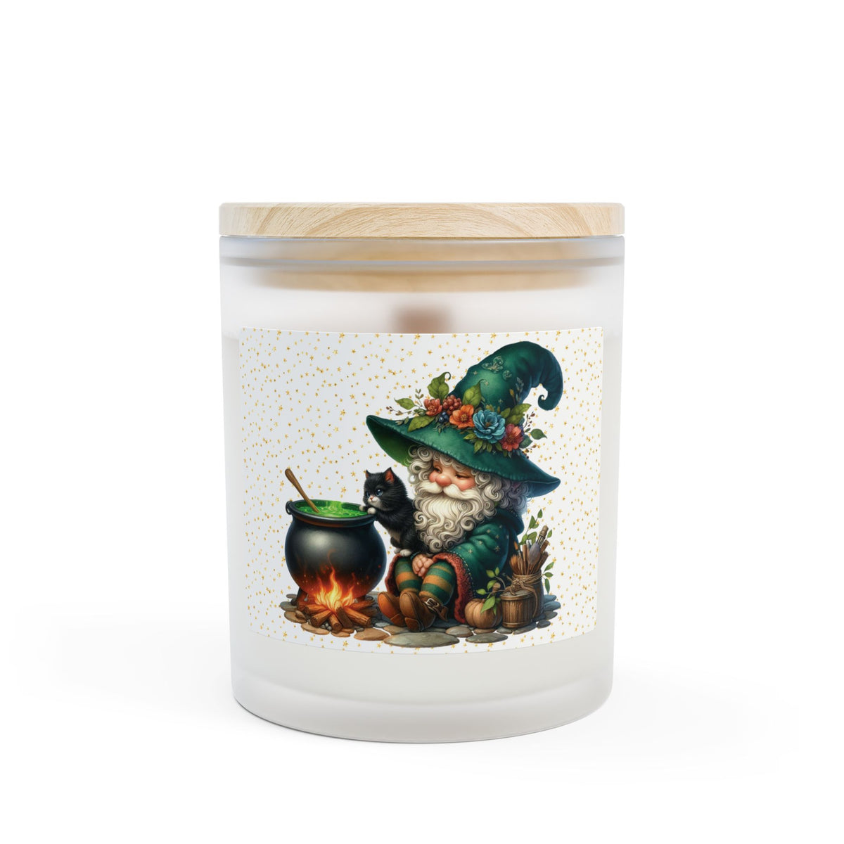 Autumn Gnome Black Cat Cauldron Candle, 11oz Frosted Glass for Cozy Vibes, Perfect for Home Decor, Gifts, Halloween