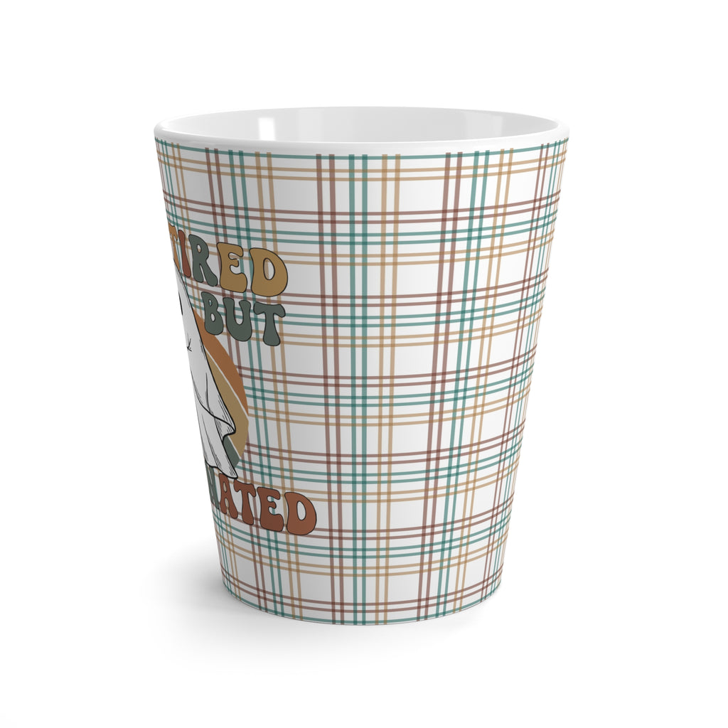 Cozy Funny Ghost Latte Mug - Perfect for Coffee Lovers, Cute Halloween, Dead Tired But Caffeinated, Autumn Nights, Plaid Design
