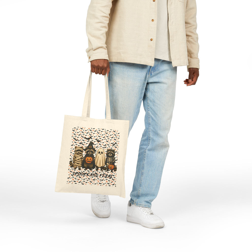 Funny "Spooky & Feral" Halloween-Themed Cotton Canvas Trick or Treat Tote Bag, Spooky Bag, Trick or Treat Tote, 15x16"