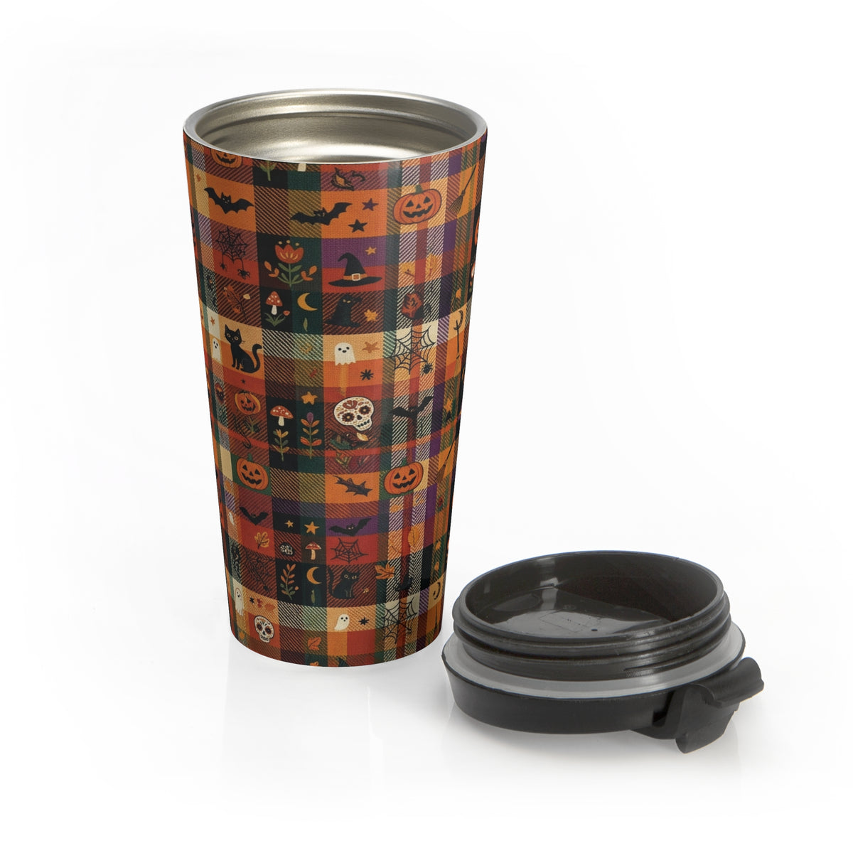 Halloween Plaid Travel Mug | Pumpkins, Cats, Bats & Skulls
