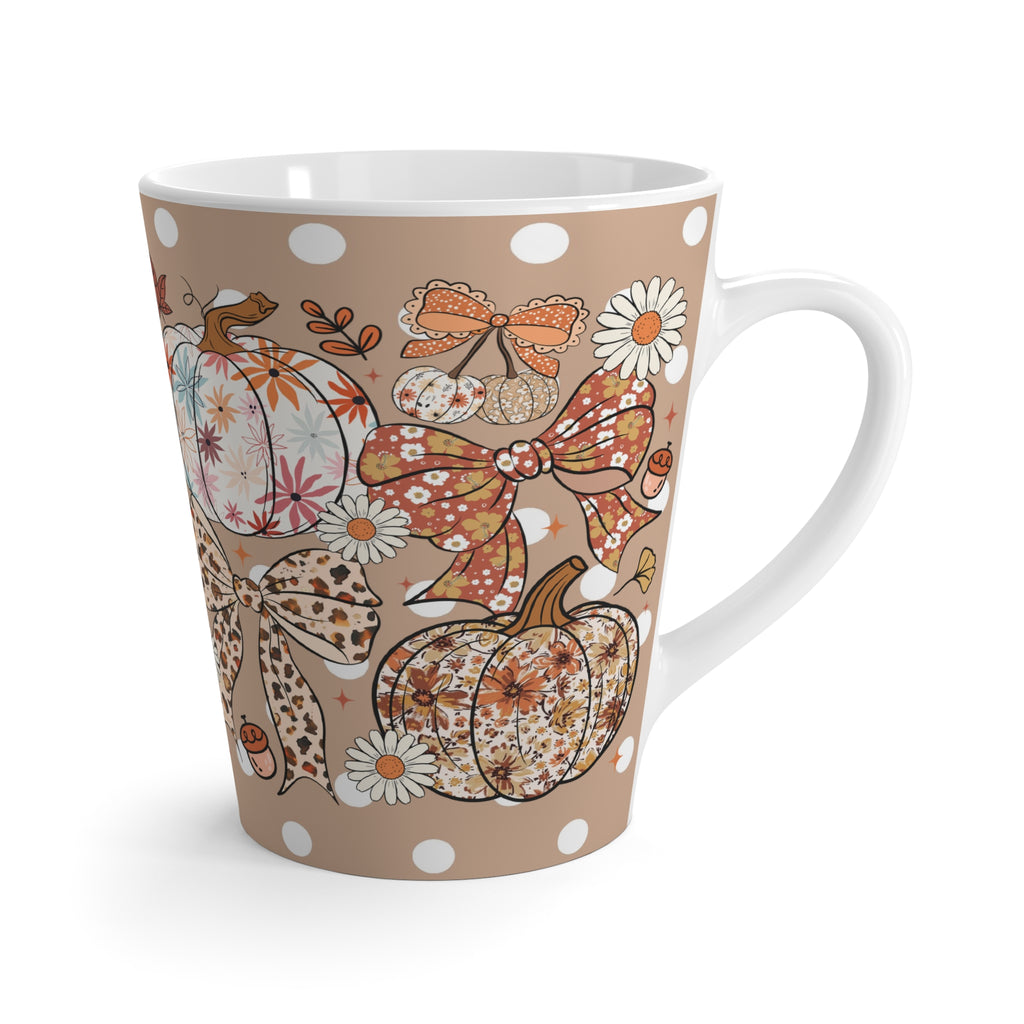 Flower Pumpkin and Dots Latte Mug for Coffee Lovers | Cute Coquette Bow Halloween & Fall Floral Design