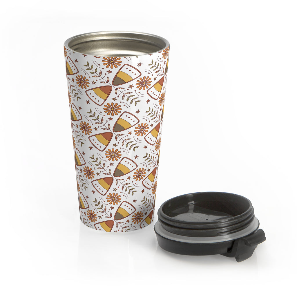 Nordic Hygge Halloween Candy Corn Stainless Steel Travel Mug, Cozy Halloween Cup, Fall Hot Drink Tumbler, Autumn Tea Mug, Spooky Coffee