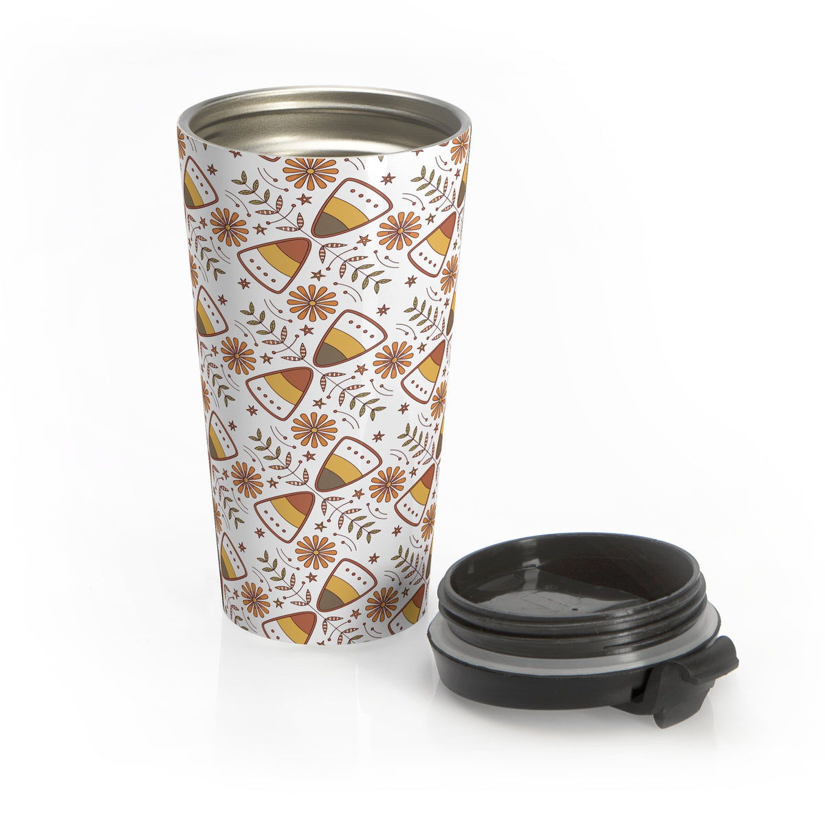 Nordic Hygge Halloween Candy Corn Stainless Steel Travel Mug, Cozy Halloween Cup, Fall Hot Drink Tumbler, Autumn Tea Mug, Spooky Coffee