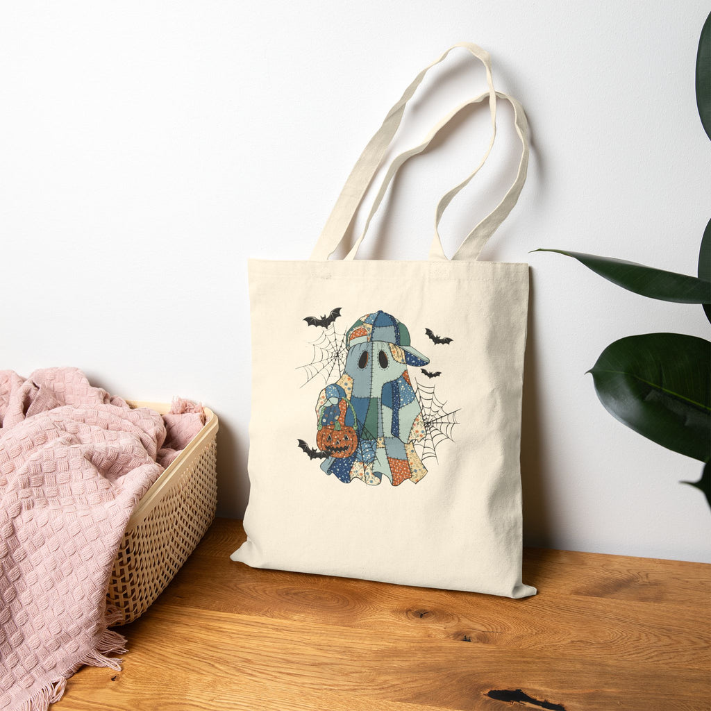 Spooky Cute Patchwork Ghost, Happy Halloween Bruh Tote Bag - Trick or Treat Bag, Eco-Friendly Cotton, Reusable Bag 15x16"