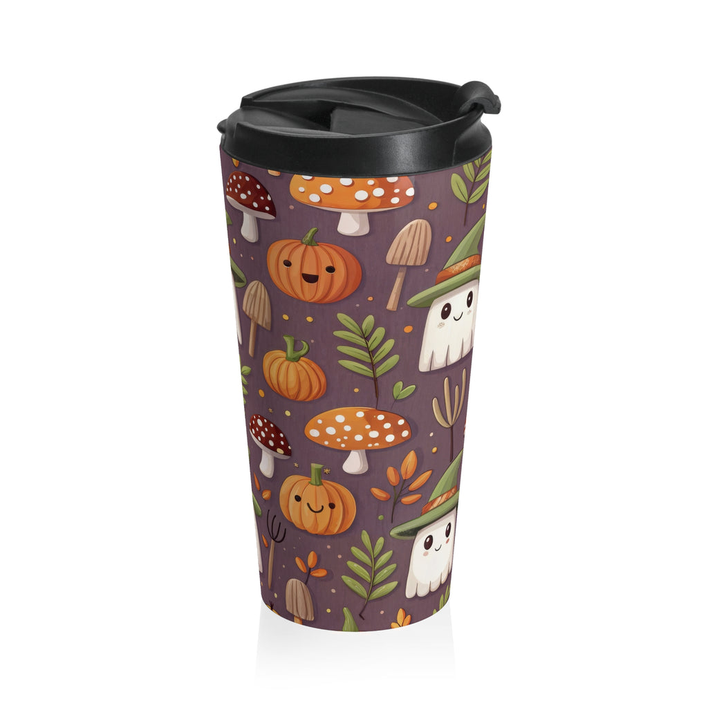 Whimsical Ghost and Mushroom Travel Mug | Halloween Coffee Cup, Eco-Friendly, Pumpkin Spice Lover's Mug