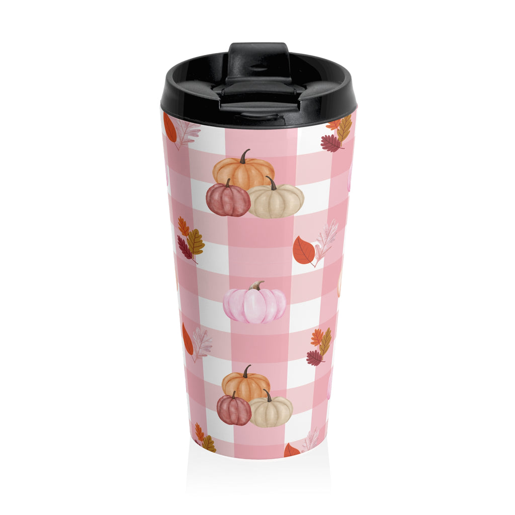 Pink Autumn Pumpkin Travel Mug, Fall Coffee Cup, Thanksgiving Gift, Seasonal Travel Mug, Cozy Home Decor, Pink Checkered Mug with Pumpkins