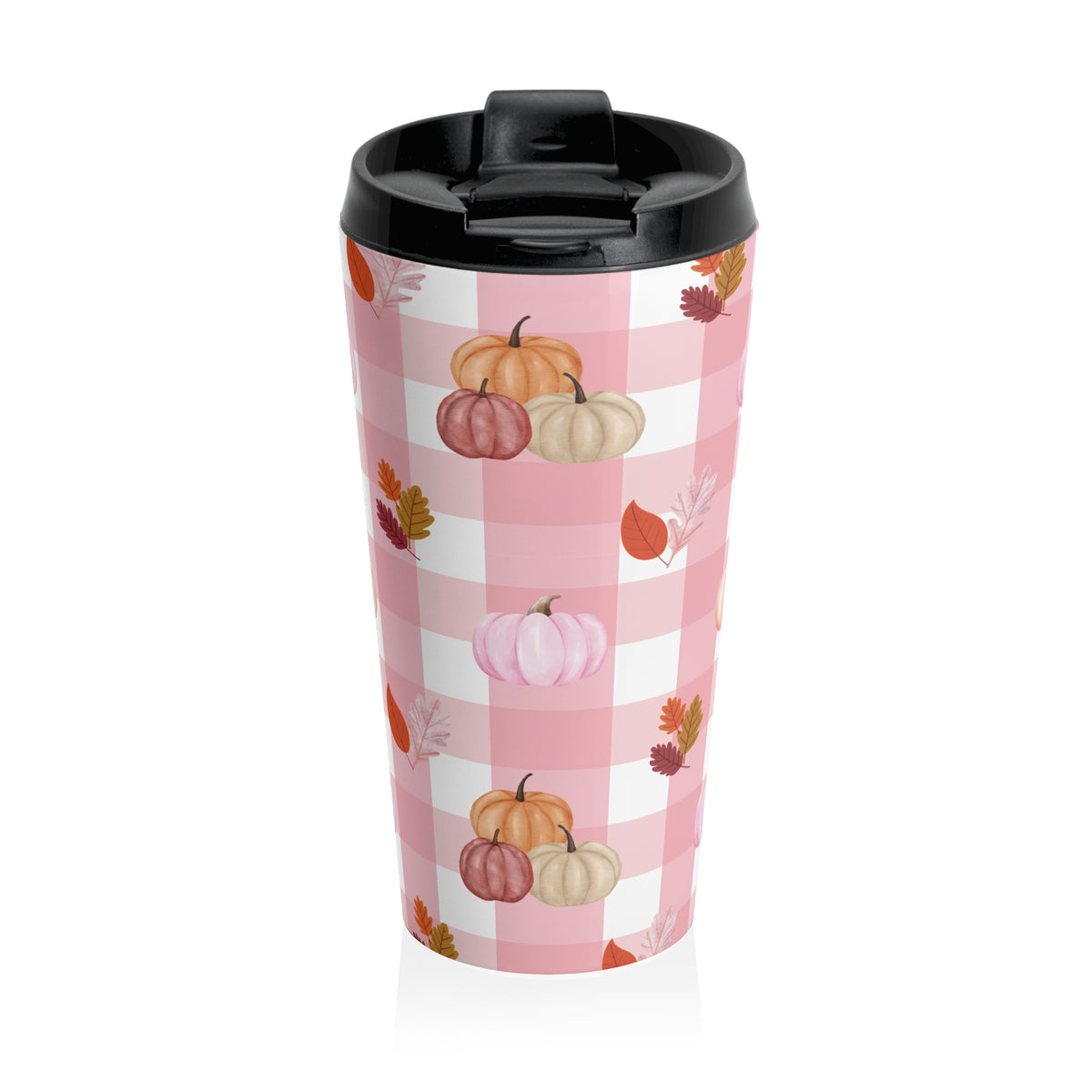 Pink Autumn Pumpkin Travel Mug, Fall Coffee Cup, Thanksgiving Gift, Seasonal Travel Mug, Cozy Home Decor, Pink Checkered Mug with Pumpkins