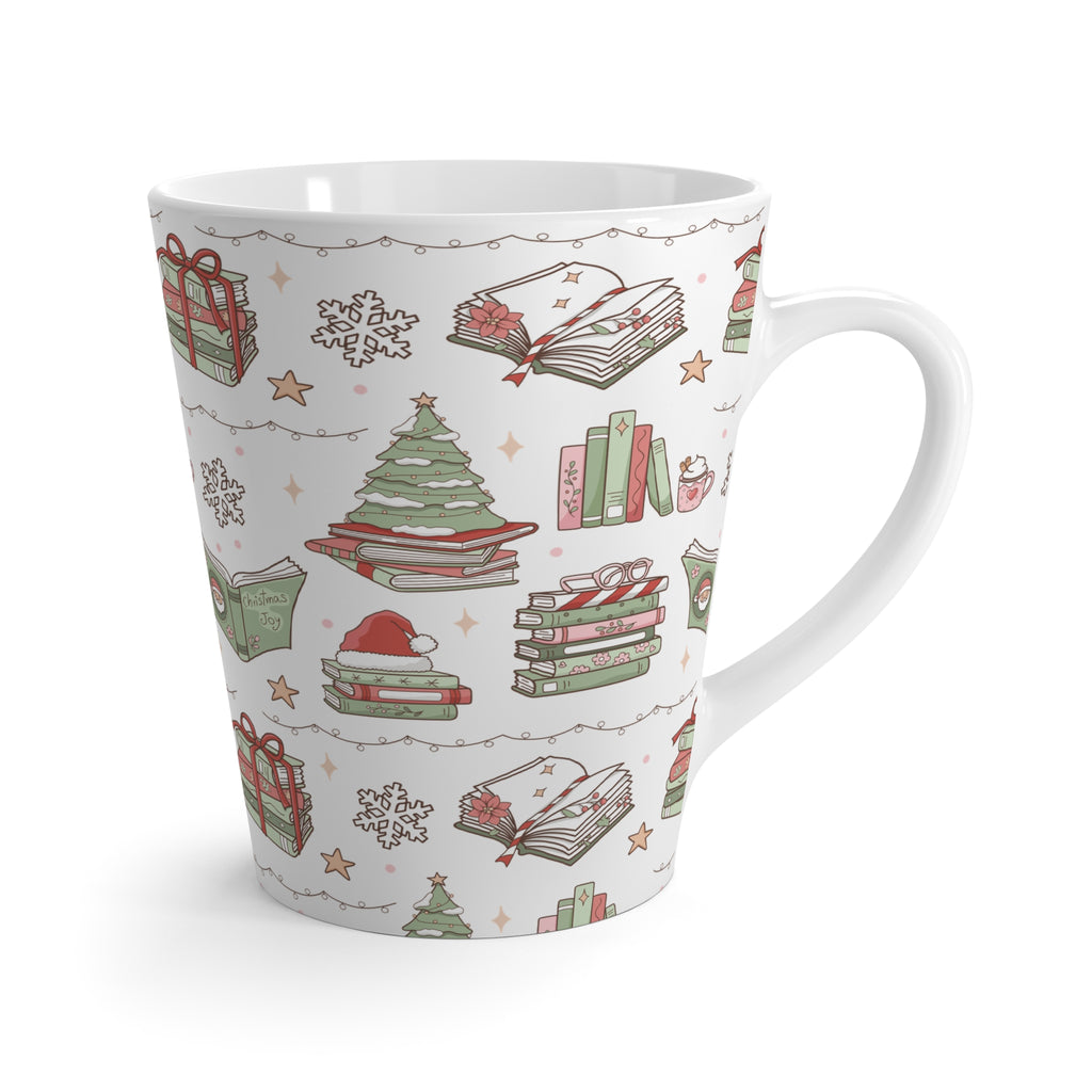 Cozy Christmas Books Pattern Latte Mug | Holiday Winter Books, Gifts, Snowflakes