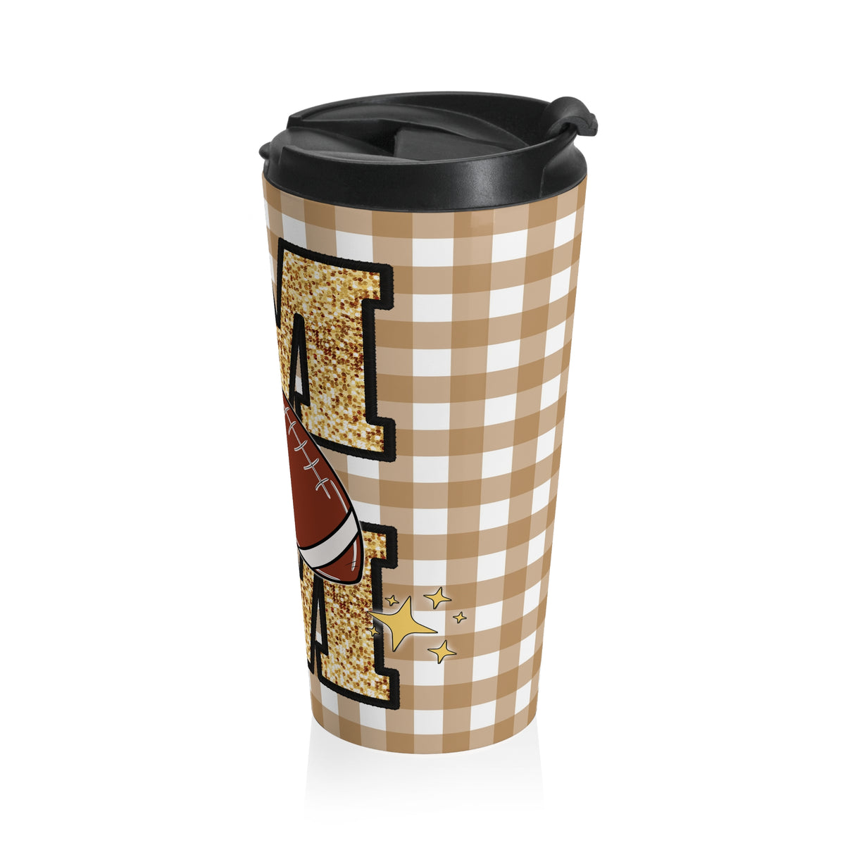 Cute Coquette Bow "Football Mom" Tan Beige Check Travel Mug, Gift for Sports Lovers, Stainless Steel Cup, Coffee Tumbler for Game Day