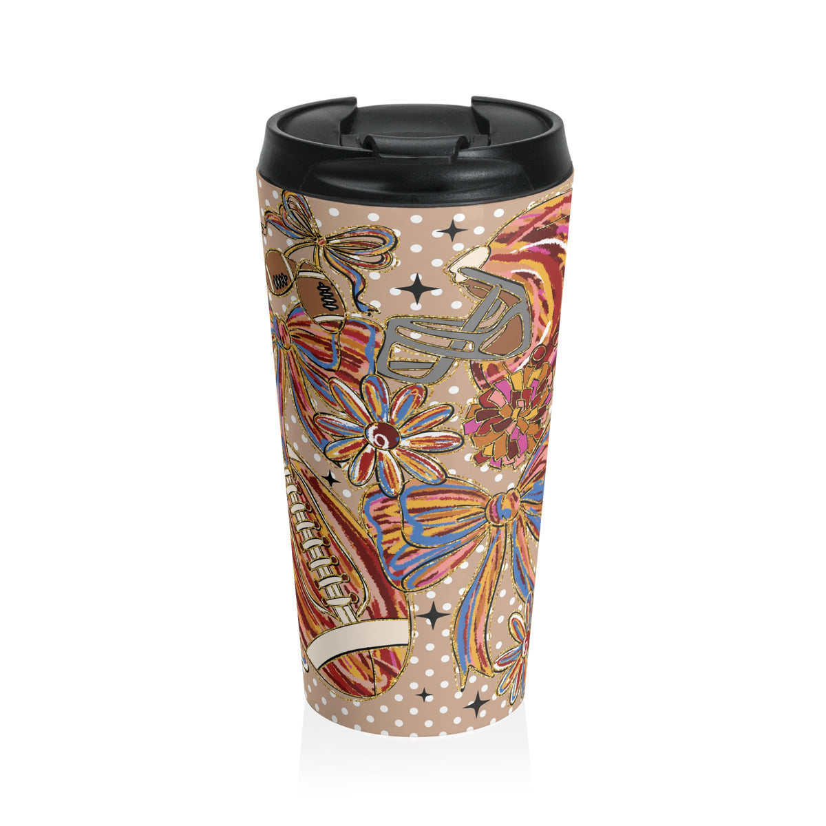 Coquette Bow and Football Floral Travel Mug | Artistic Polka Dots Travel Coffee Cup