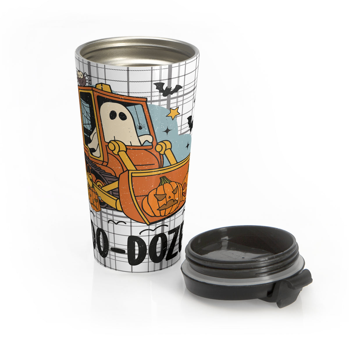 Halloween Ghosts "Boo Dozer" Stainless Steel Travel Mug, Cute Bull Dozer Travel Cup, Spooky Travel Mug, Gift for Halloween Lovers