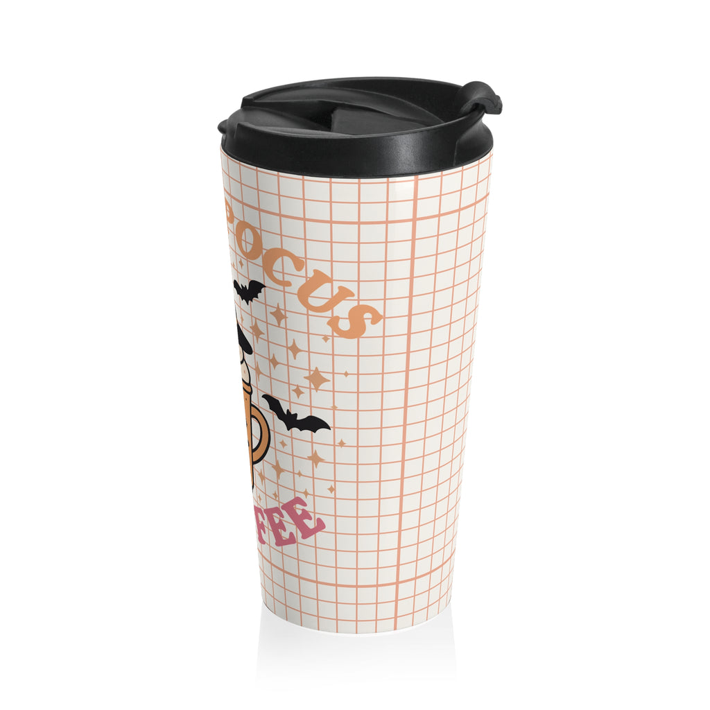 Halloween "Hocus Pocus & Coffee" Gingham Check Pattern Stainless Steel Travel Mug | Cozy Fall Pumpkin Latte Vibe