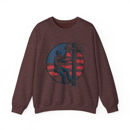 American Lineman Sweatshirt | Lineman Climbing Utility Pole Flag Circle