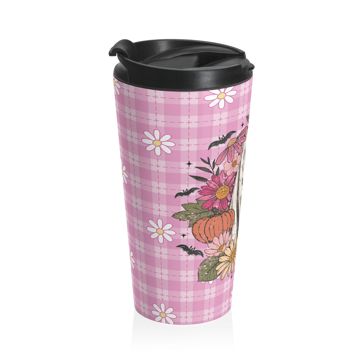 Whimsical Floral Ghost and Black Cat  Travel Mug - Tranquil Vibes, Perfect for Cat Lovers, Girly Halloween