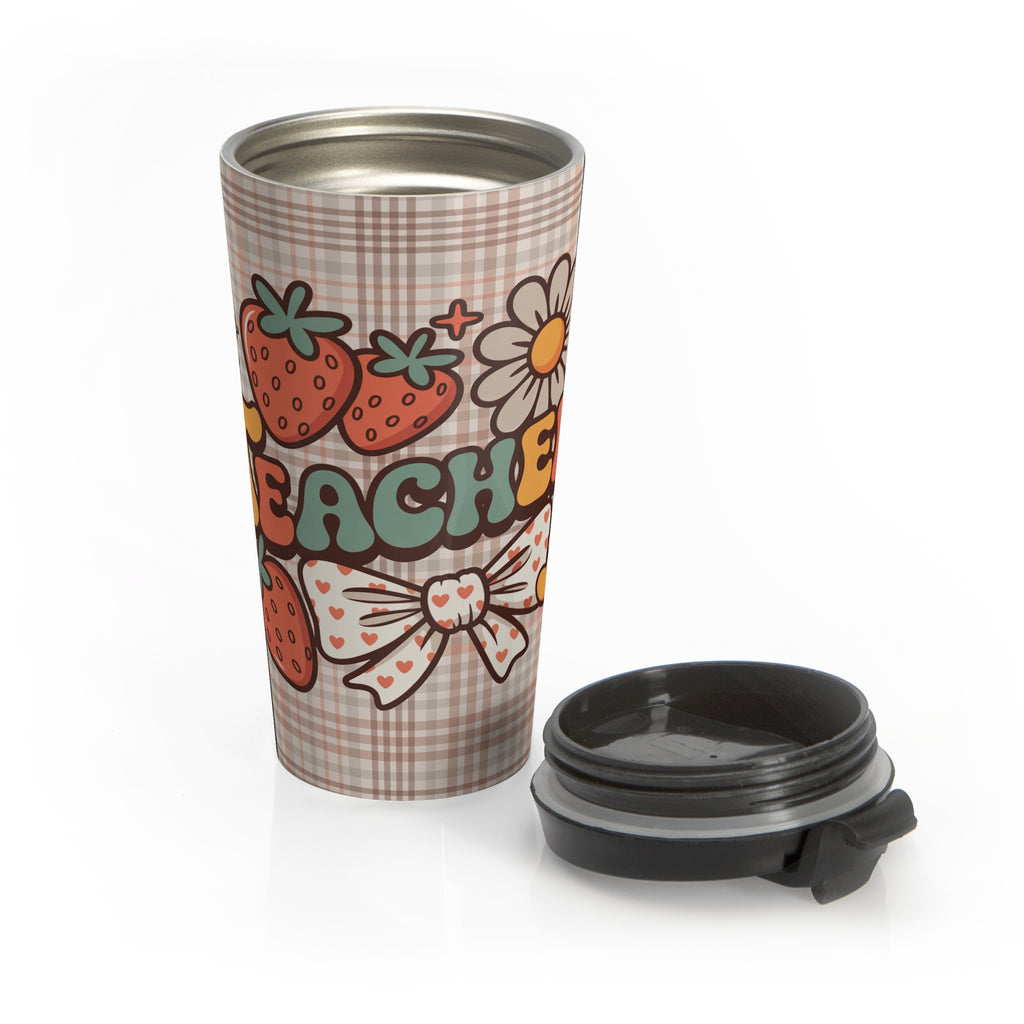 Colorful Floral Teacher Stainless Steel Travel Mug, Coquette Bow, Gift for Teachers, Cute Travel Mug, Insulated Neutral Tones