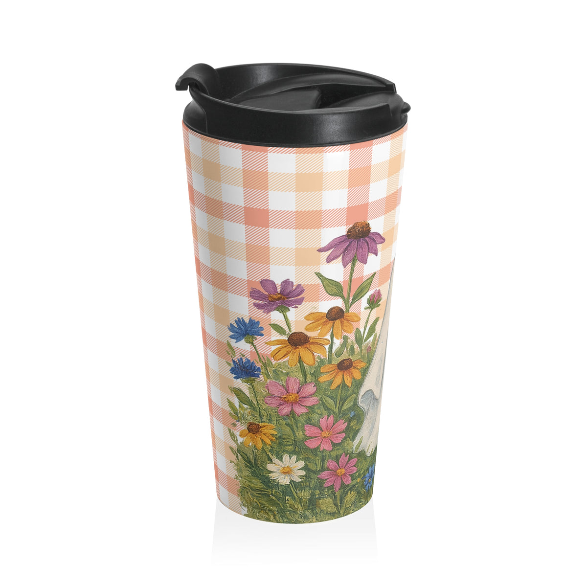 Cute Ghost Pumpkin Travel Mug | Autumn Plaid Floral Stainless Steel