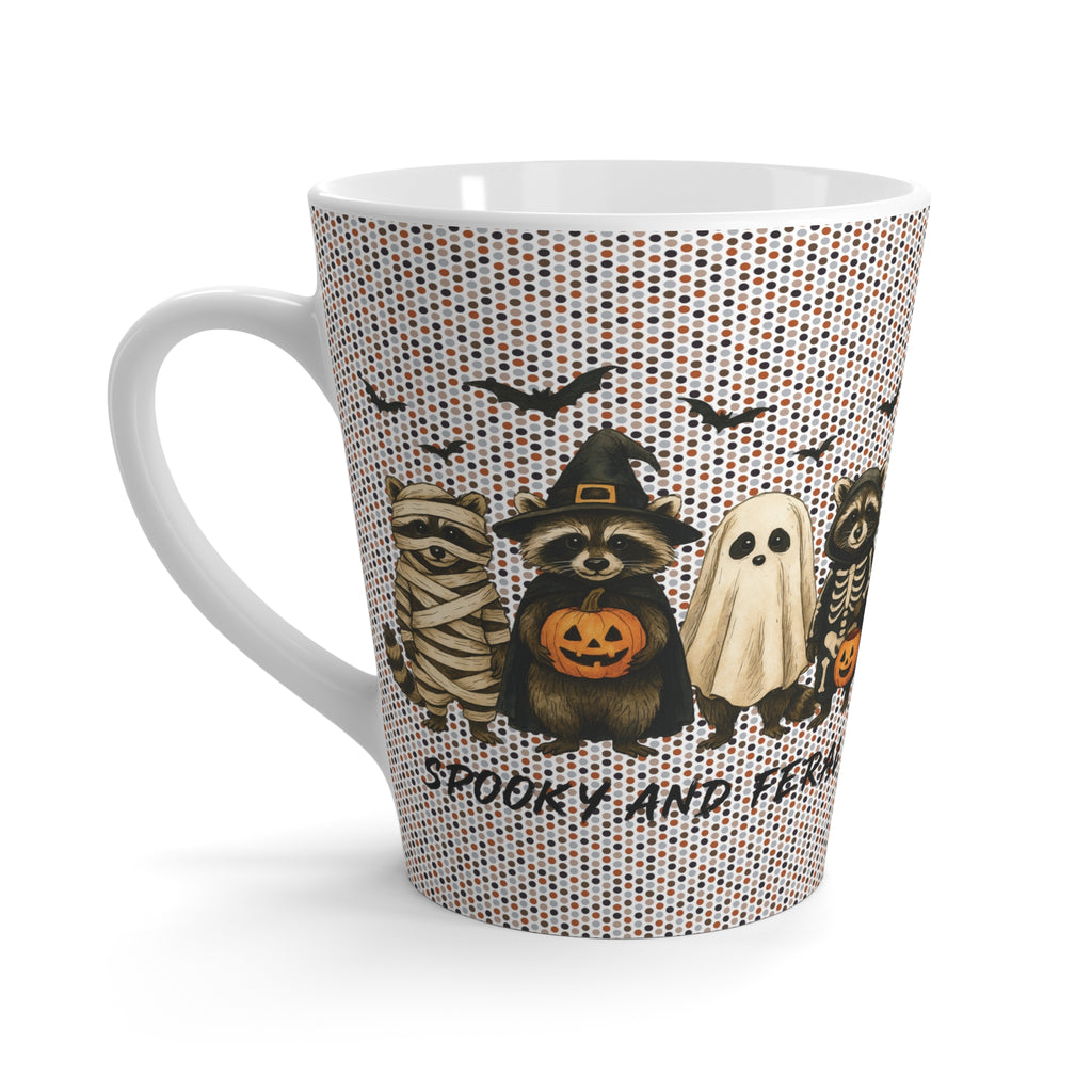 Funny Halloween Latte Mug with Spooky Feral Racoon in Costume Characters, Cute Coffee Cup for Fall Decor, Gift for Halloween Lovers,